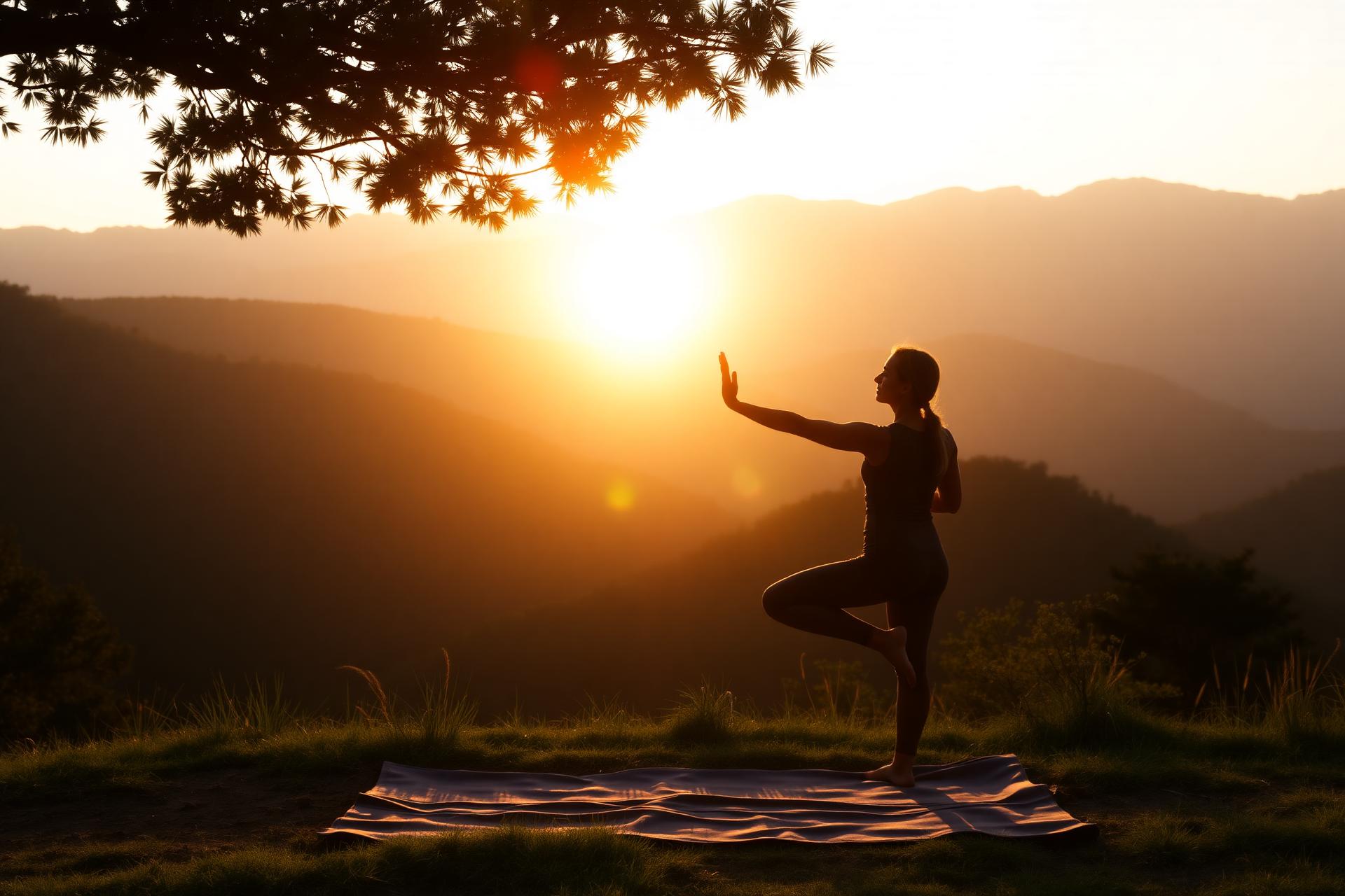 Woman practicing yoga at sunrise in the mountains
